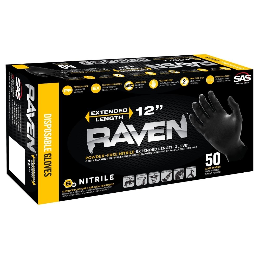 black and yellow rectangle box with the words raven on the front and a black gloved hand